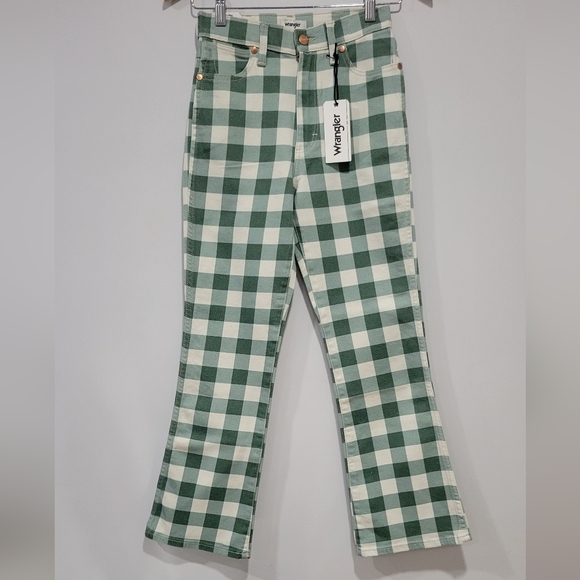 Wrangler Wrock 672 Gingham Kick Flare Green Plaid Checkered Pants Size 25" - Picture 4 of 13